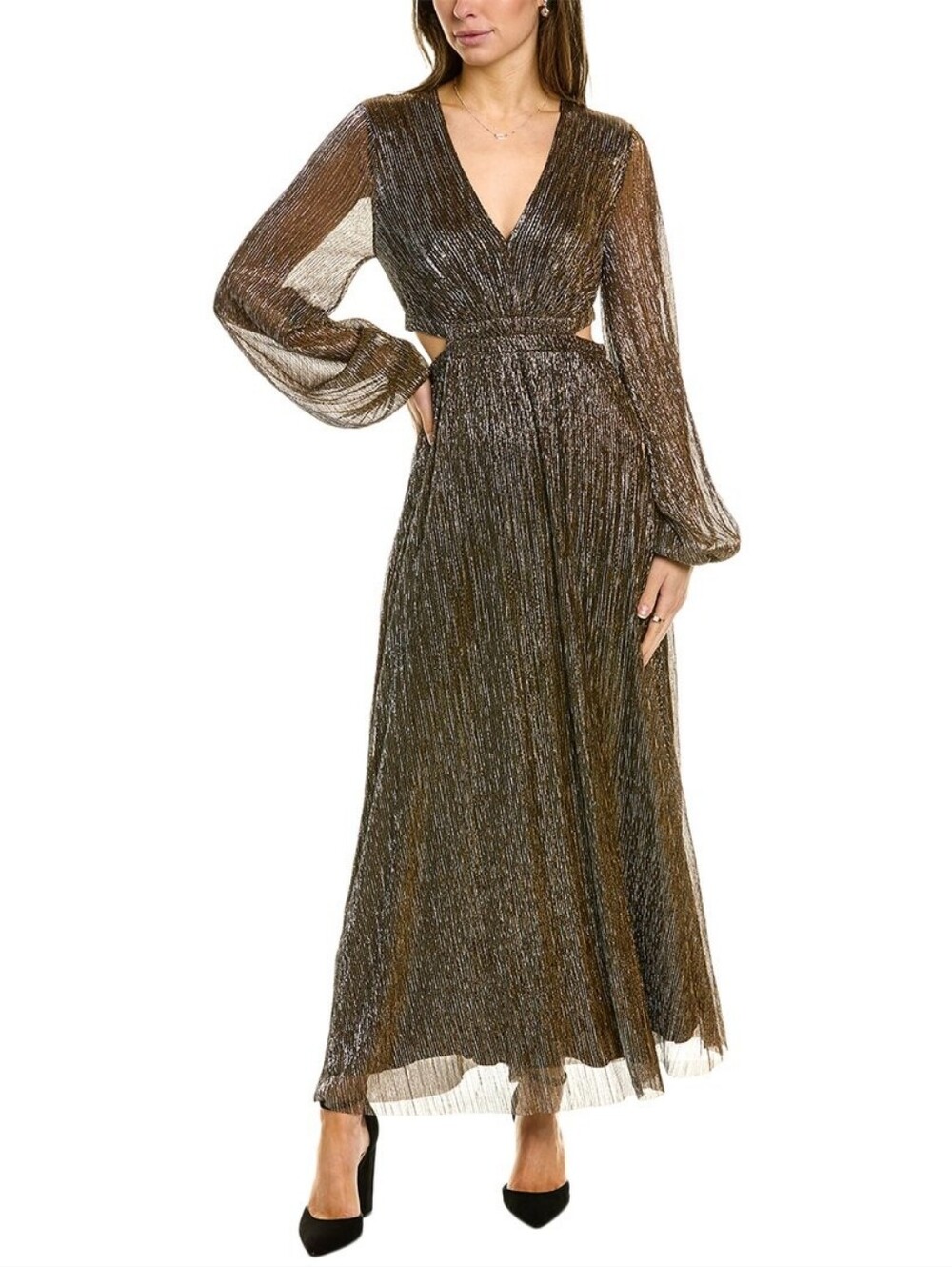 NWT Boden Metallic Plissé Cutout Maxi Dress Womens 16/18R Pleated Copper Silver